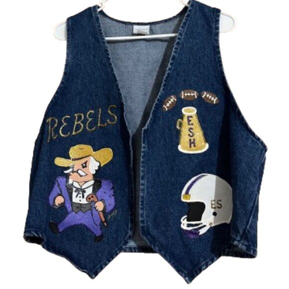 Unisex Handmade REBELS ESH FOOTBALL School Team Patchwork Denim Vest Sz-OS - Picture 1 of 6